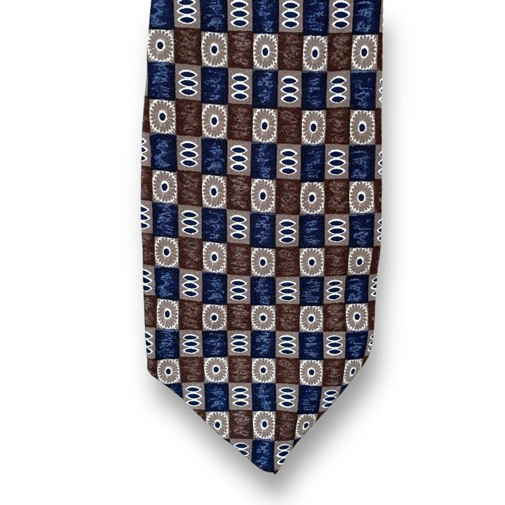Vintage Biella Pure Silk Geometric Brown Blue Tie Made In Italy